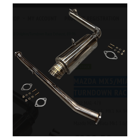 Échappement de compétition Mazda MX-5/Miata Mk1 1.6/1.8 avec sortie coudée vers le bas (Dolphin/Turndown), 1989-1996